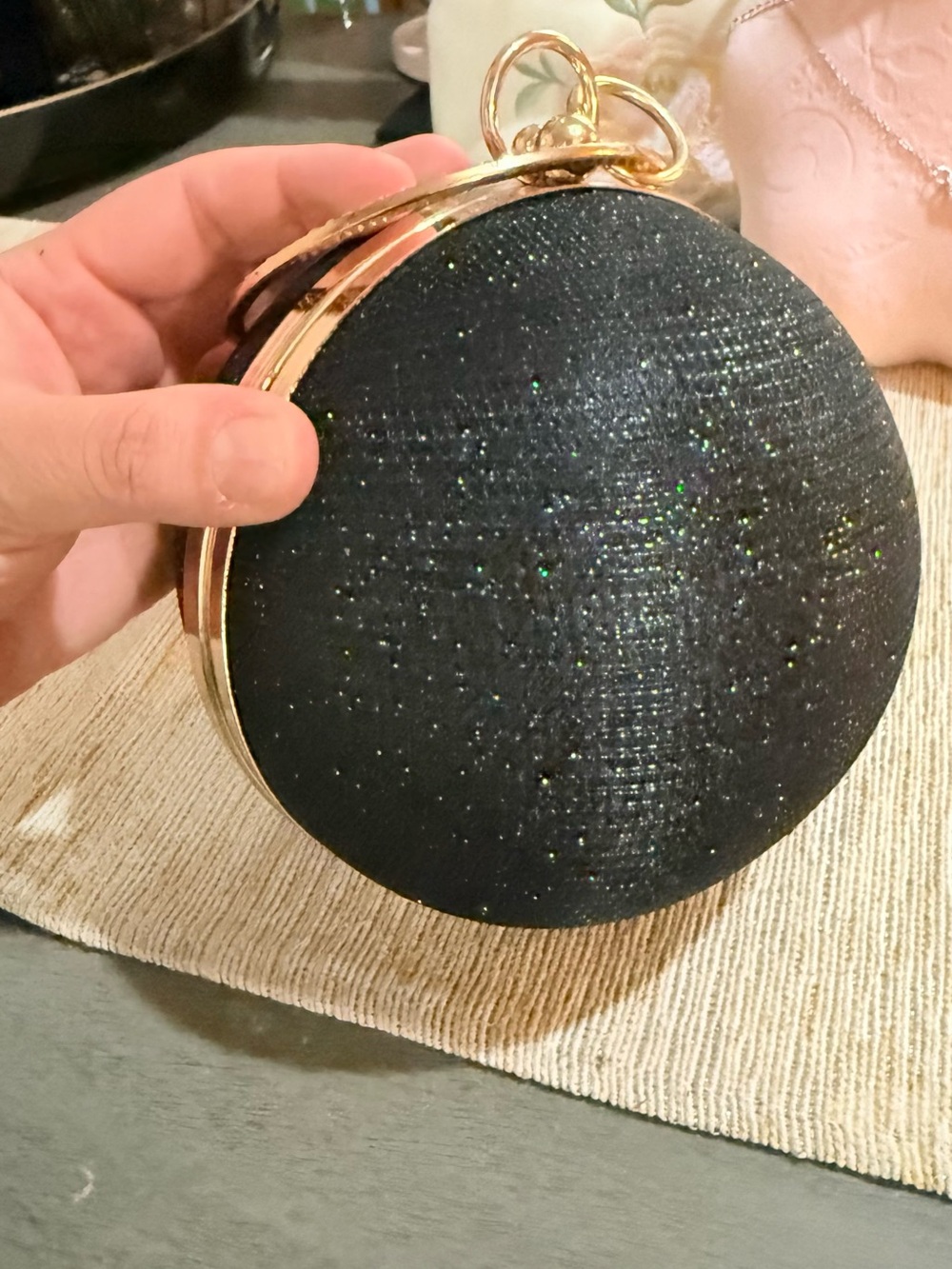 Elegant Black Glitter Round Clutch Handbag